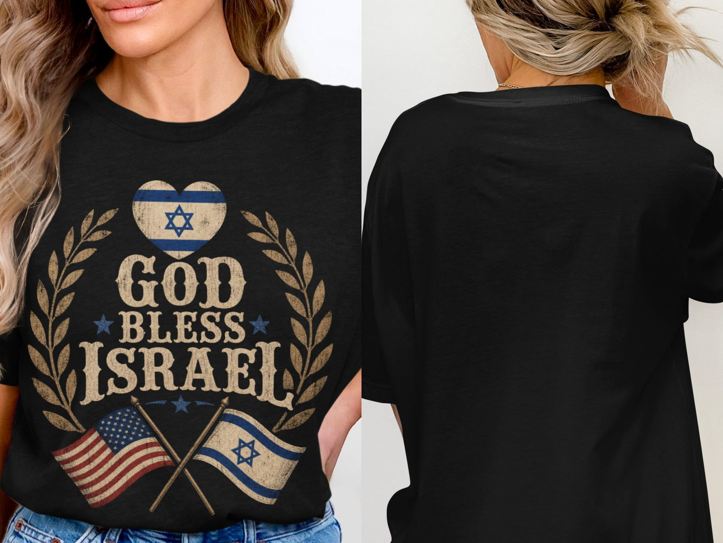 Black t-shirt with "God Bless Israel" text, flags, and heart emblem.