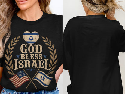 Black t-shirt with "God Bless Israel" text, flags, and heart emblem.