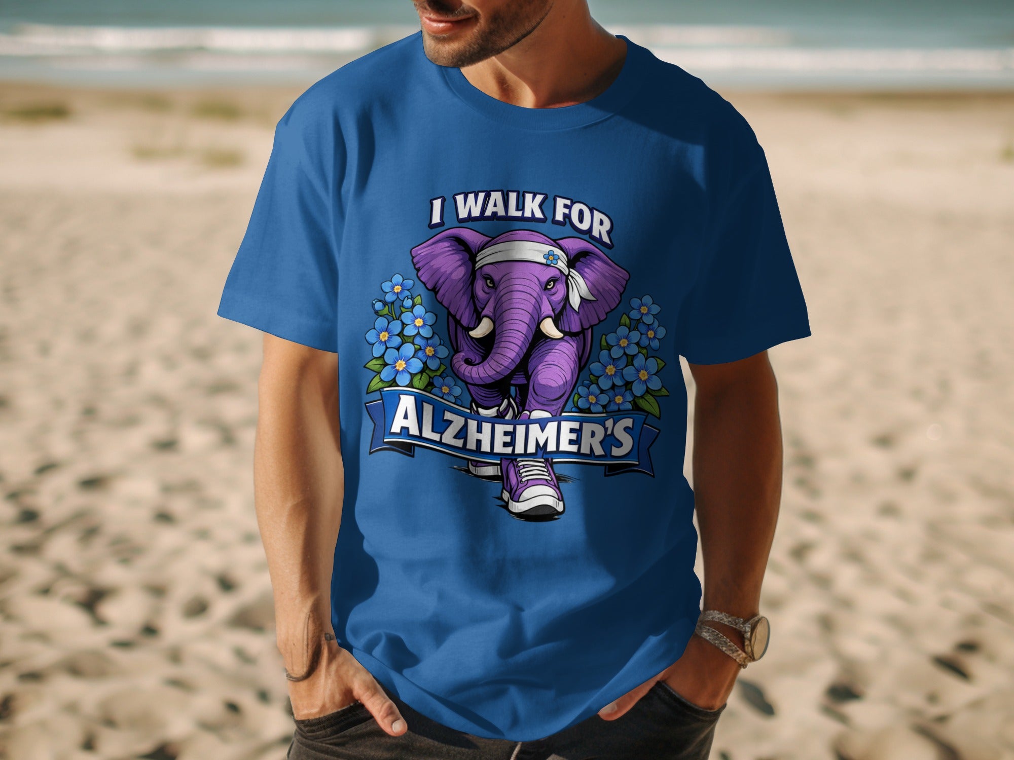 Blue t-shirt with purple elephant and text "I Walk For Alzheimer's".
