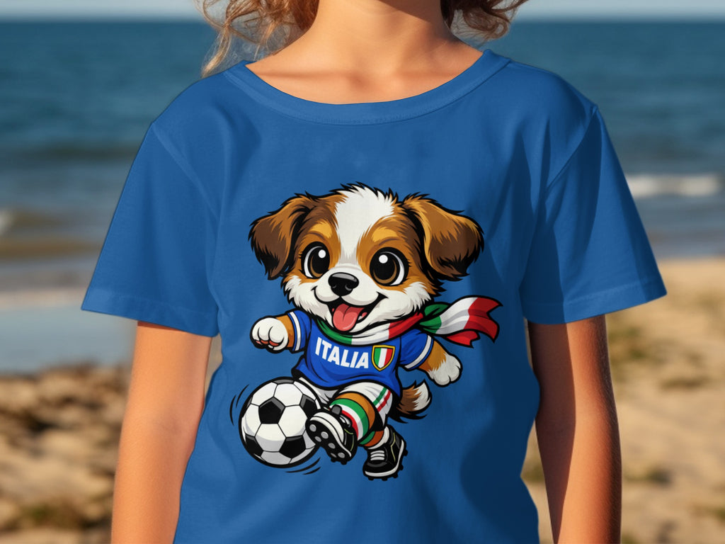 Cartoon dog playing soccer in an Italian jersey and scarf.