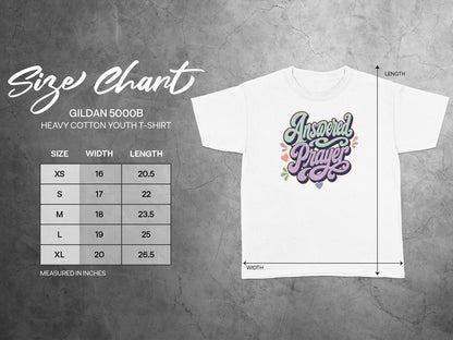 Gildan 5000B youth t-shirt size chart with width and length measurements in inches.