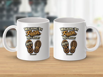 Two white mugs with "Walking by Faith, Not Sight" and boot prints saying "FAITH."