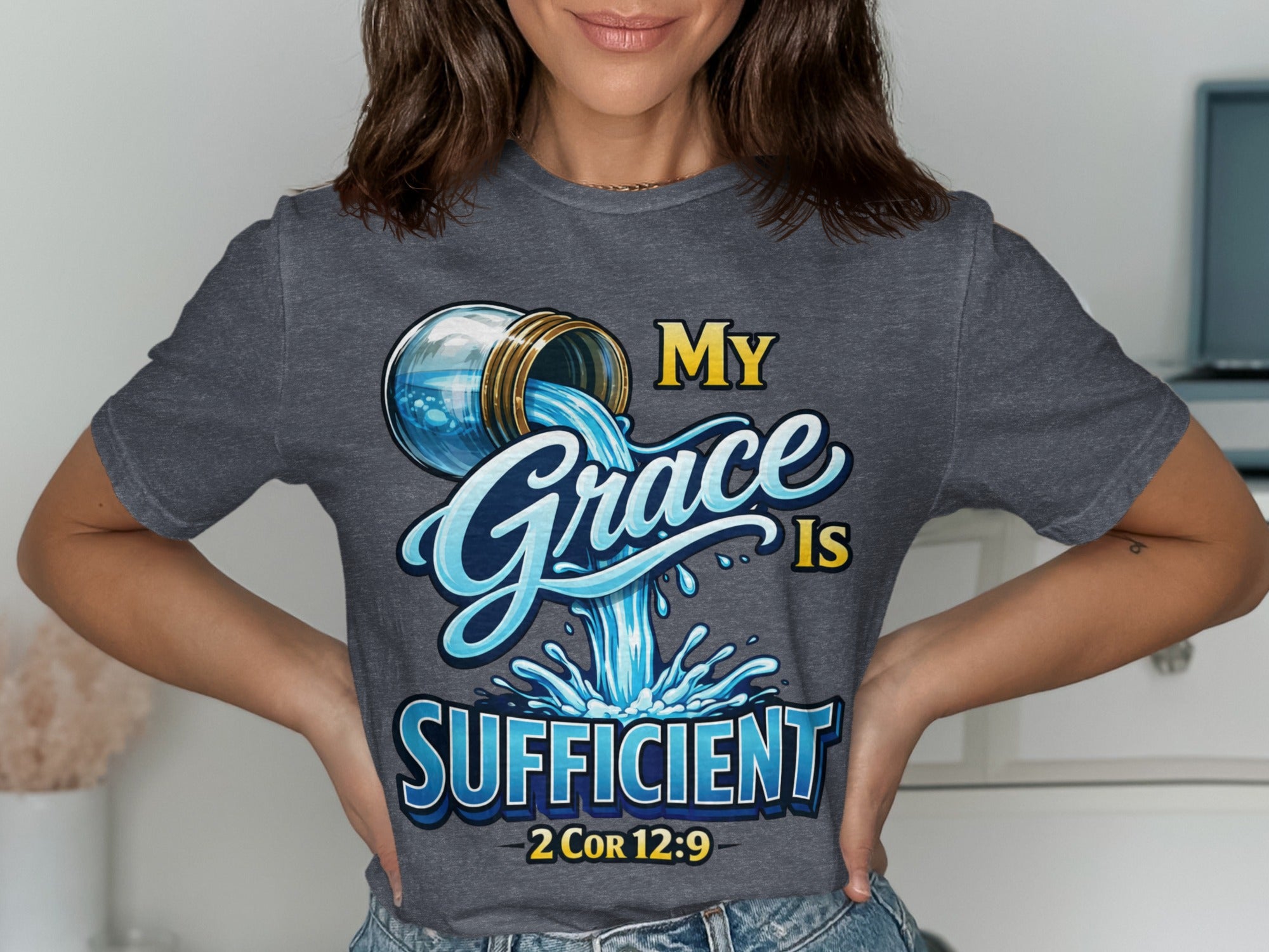 Grey t-shirt with "My Grace Is Sufficient 2 Cor 12:9" and pouring water graphic.