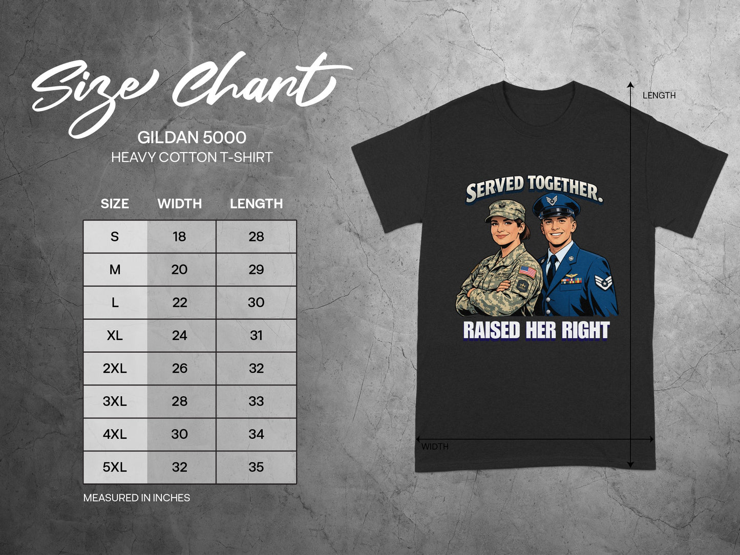 Gildan 5000 Heavy Cotton T-Shirt size chart with military graphic.