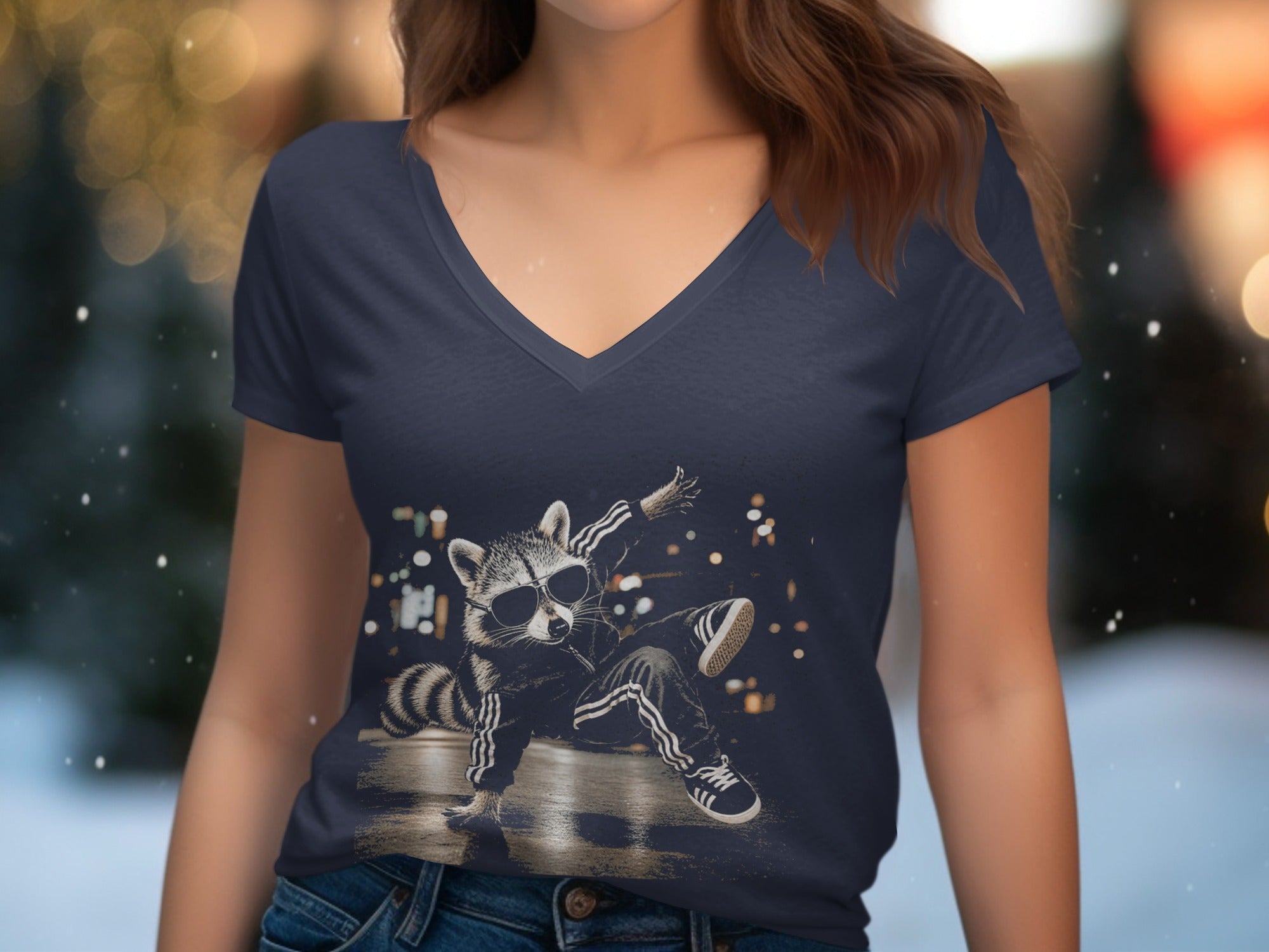 Navy v-neck shirt with graphic of raccoon wearing sunglasses and tracksuit.