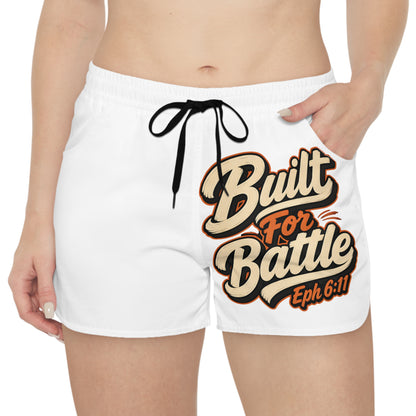 White shorts with graphic text "Built For Battle Eph 6:11".