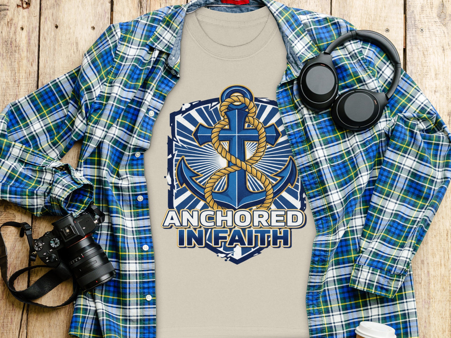 T-shirt with a blue anchor graphic and the text "Anchored In Faith"