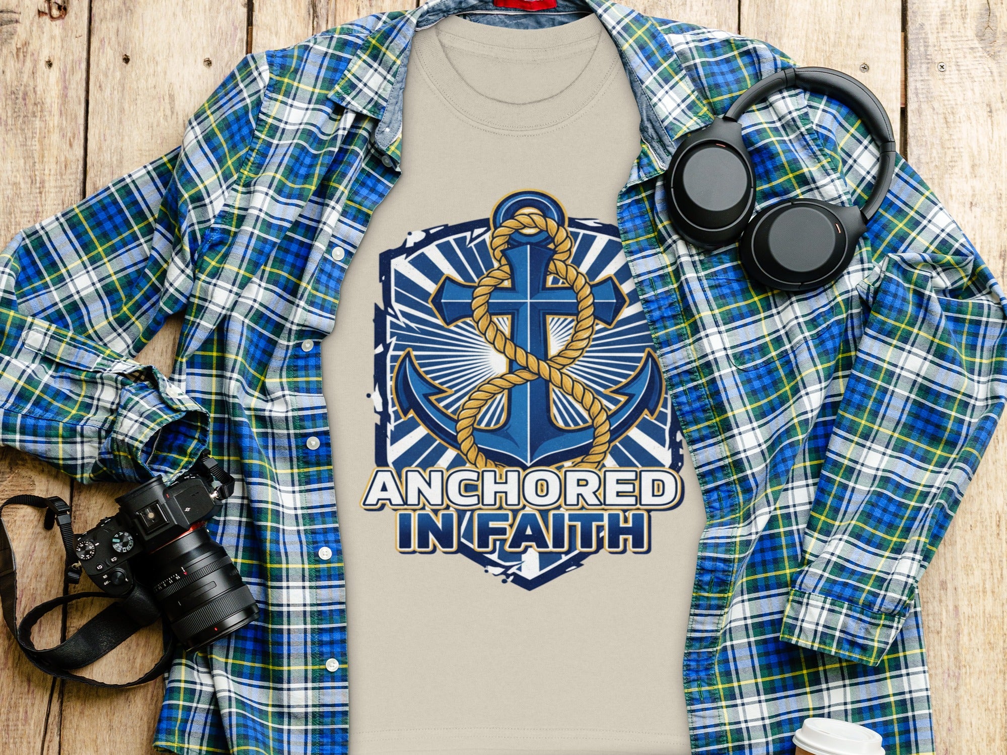 T-shirt with a blue anchor graphic and the text "Anchored In Faith"