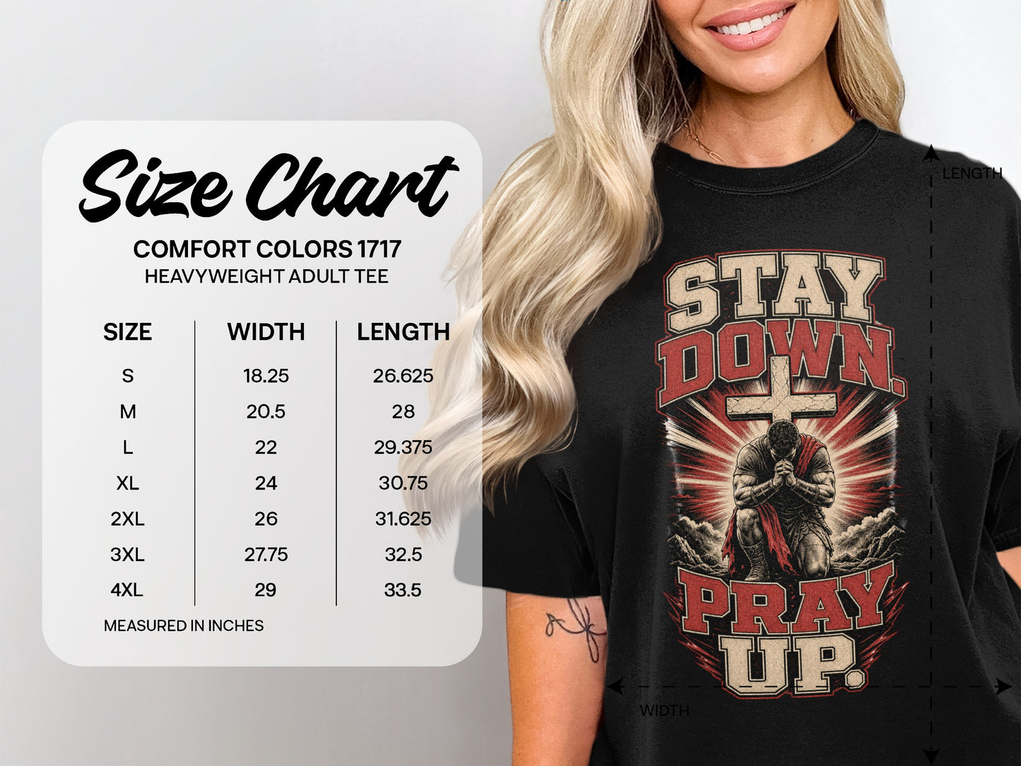 Comfort Colors 1717 size chart for heavyweight adult tees.