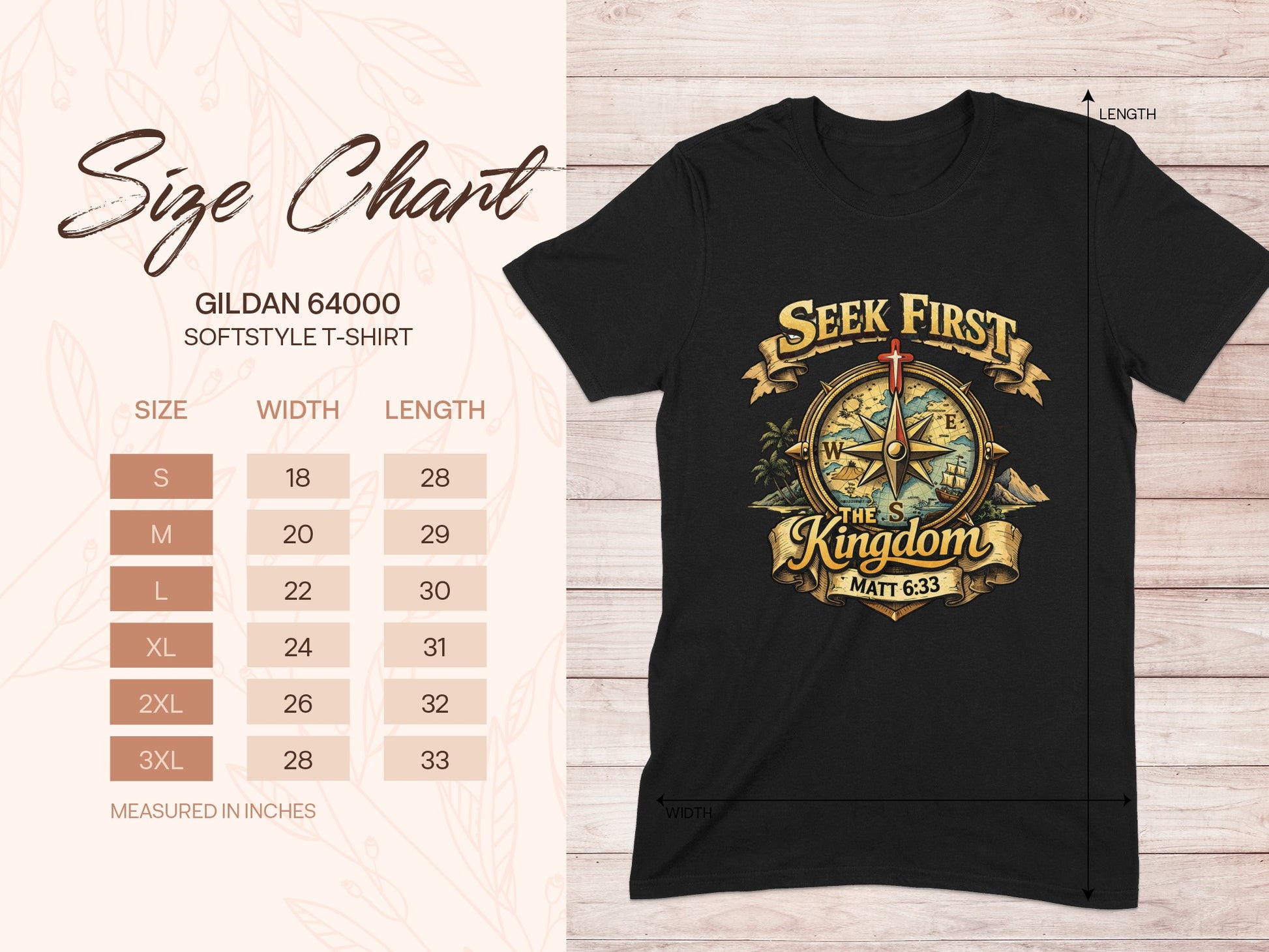 Gildan 64000 softstyle t-shirt size chart with compass graphic on front.