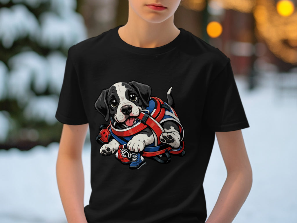 Black t-shirt featuring a cartoon puppy wearing a red and blue harness and shoes.