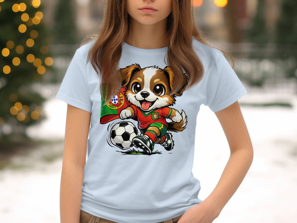 Cartoon dog in Portugal soccer uniform dribbles ball with flag on light blue t-shirt.