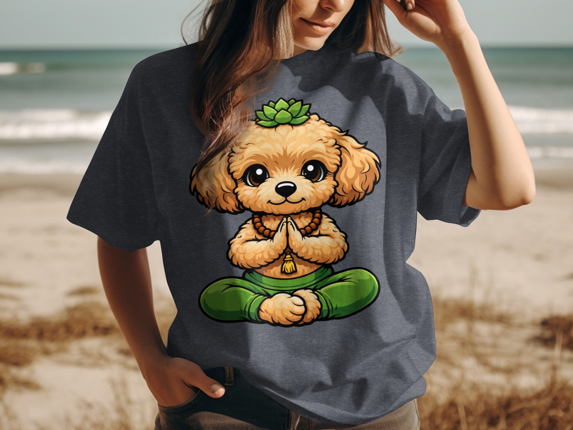 Cartoon dog wearing green pants and prayer beads meditating on a beach.