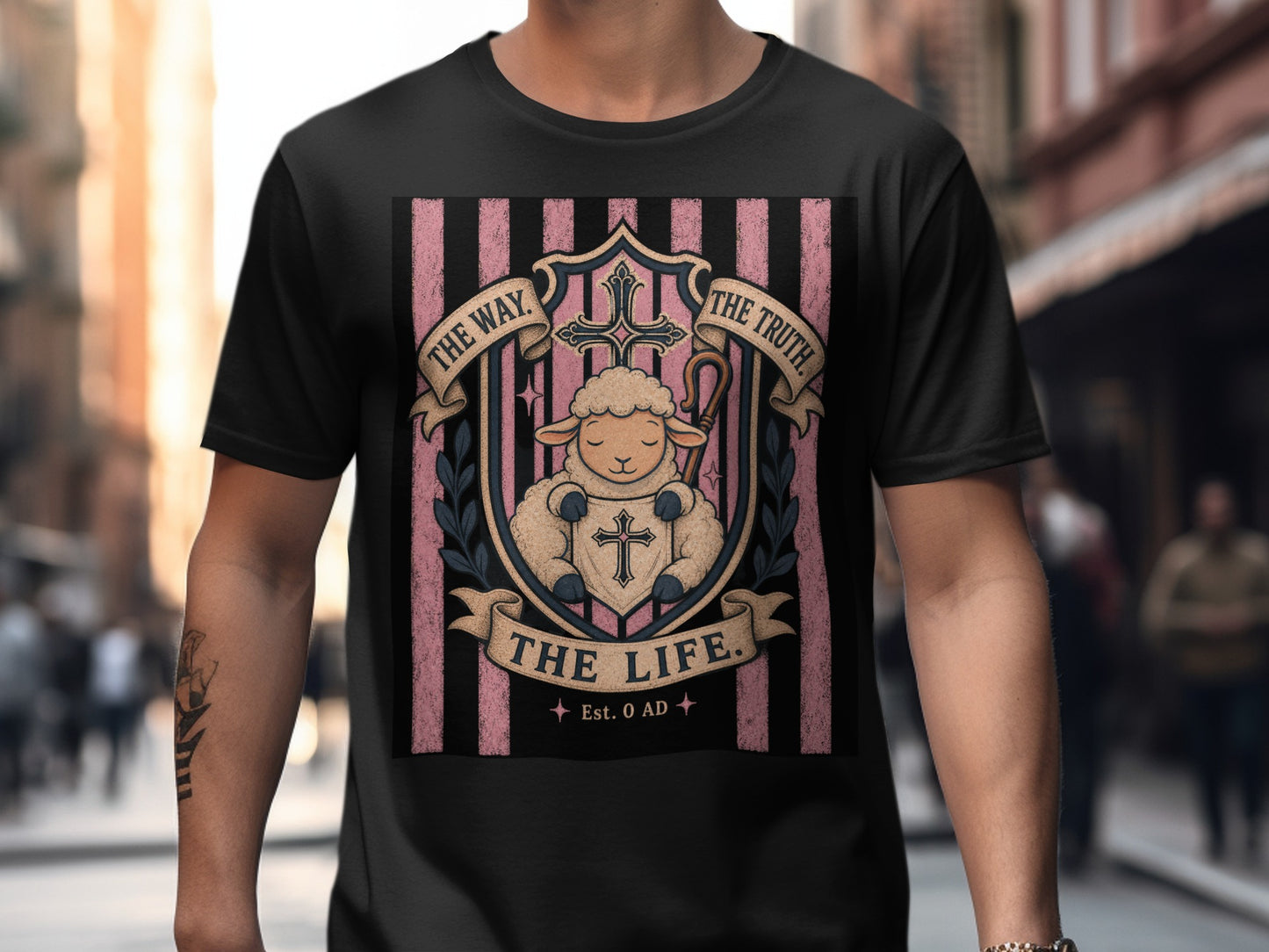 T-shirt with a sheep, cross, shepards crook and text "The Way. The Truth. The Life. Est. 0 AD".