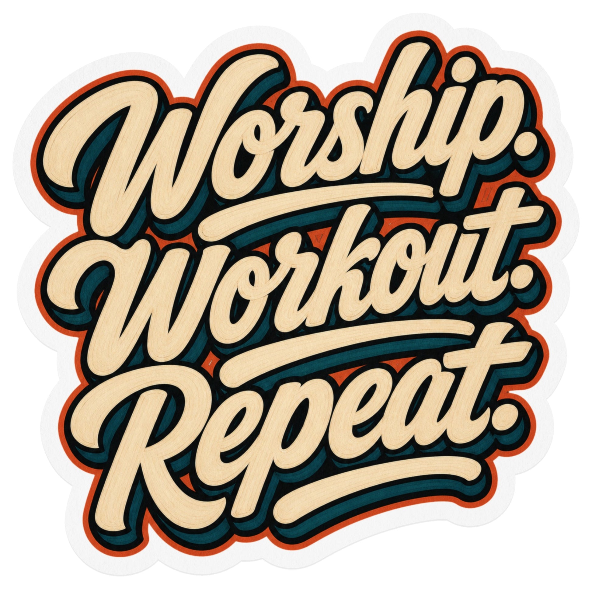Worship Workout Repeat text with wood grain texture and retro shadow effect