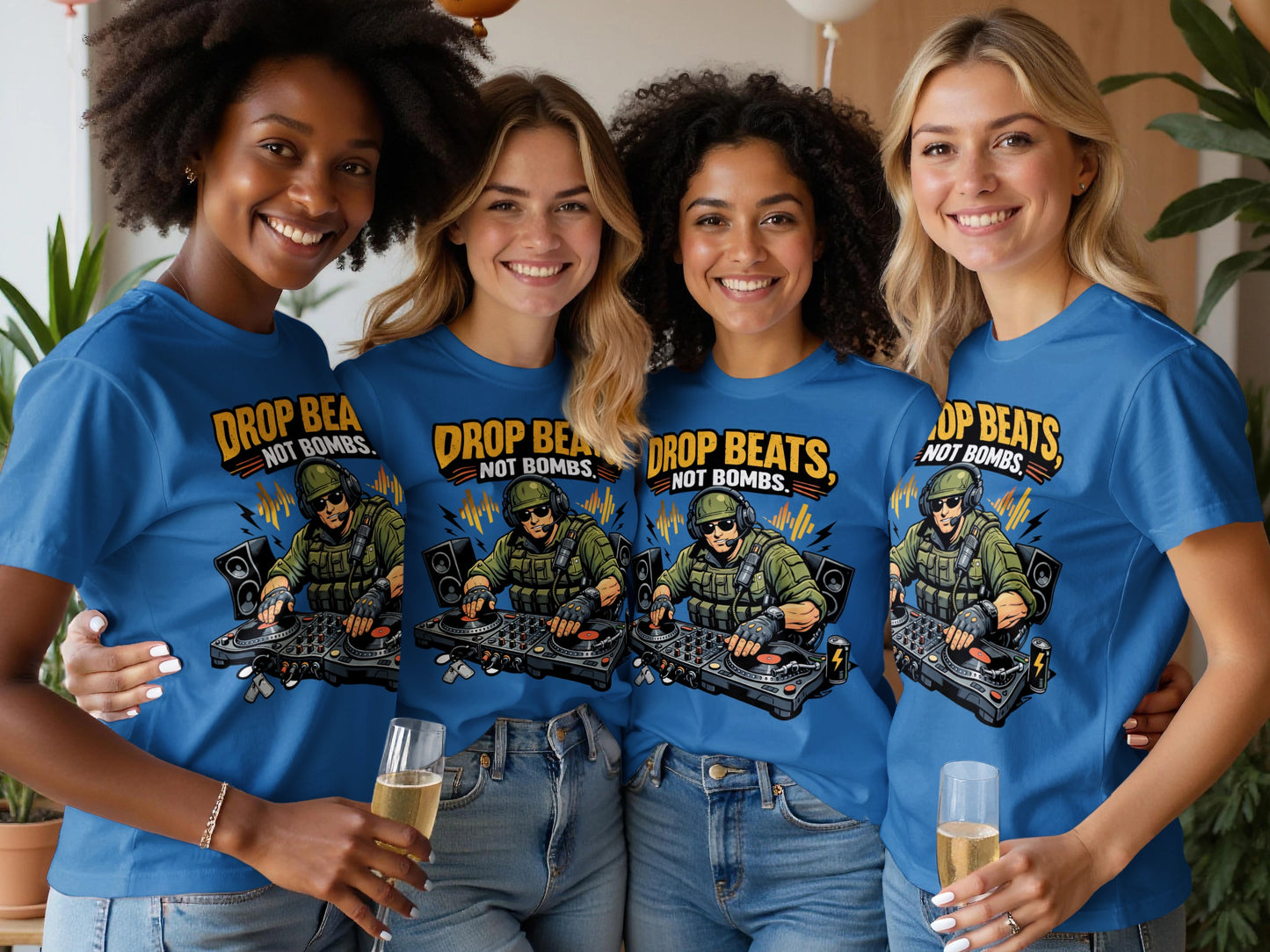 Four women wearing blue t-shirts with a "Drop Beats, Not Bombs" graphic.