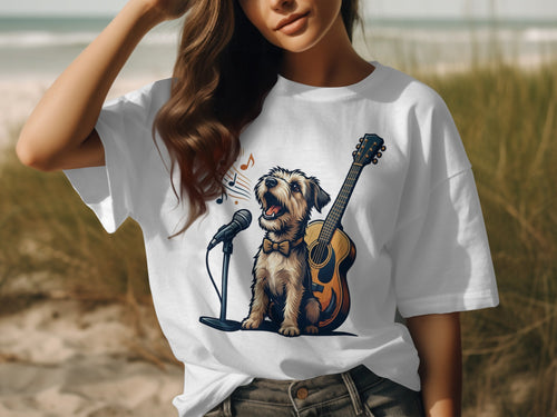 White t-shirt with a cartoon dog singing into a microphone next to a guitar.
