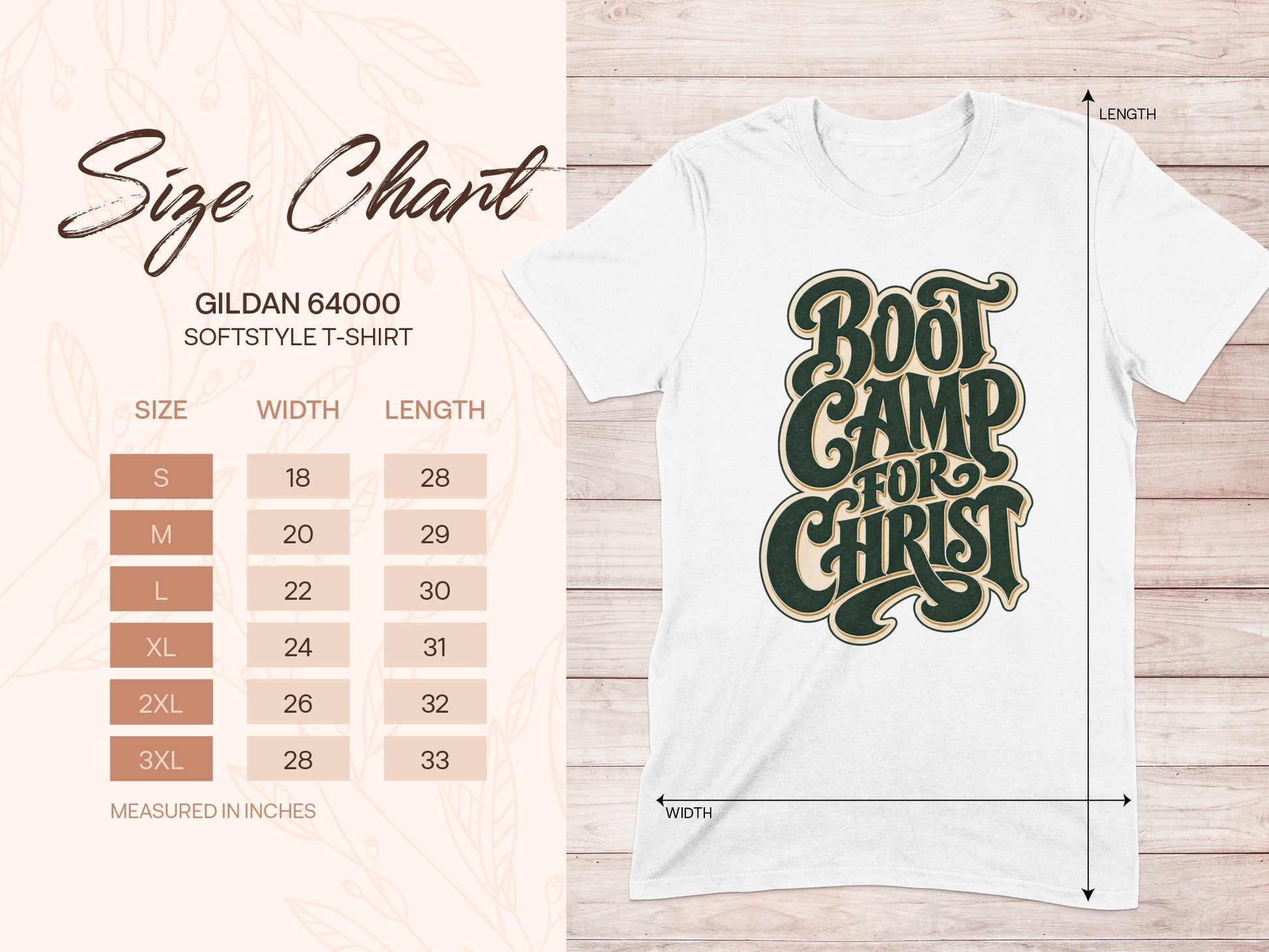 Gildan 64000 Softstyle t-shirt size chart indicating width and length in inches.