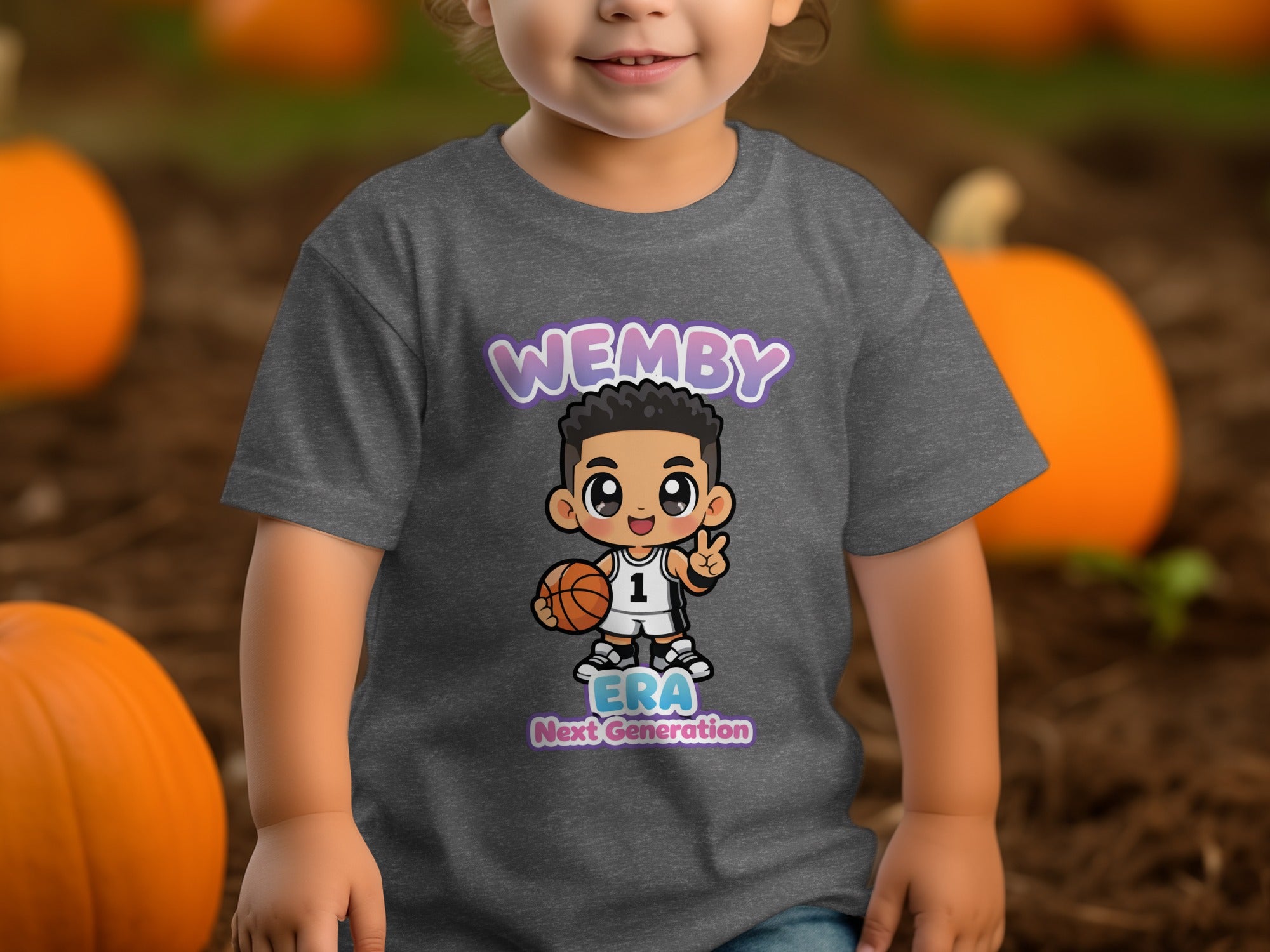Dark grey t-shirt with cartoon boy holding basketball, text Wemby ERA Next Generation.