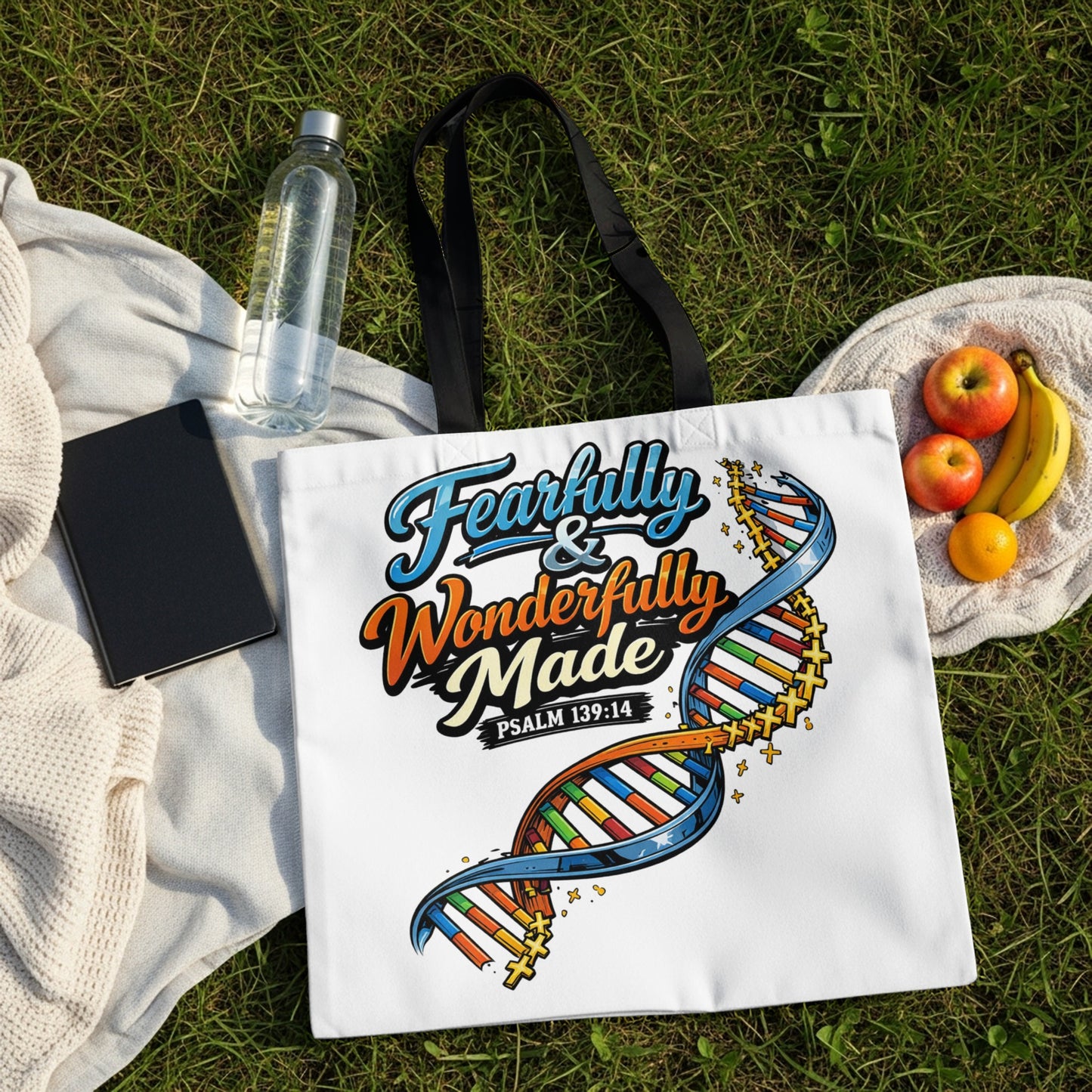 White tote bag with "Fearfully & Wonderfully Made PSALM 139:14" and DNA.