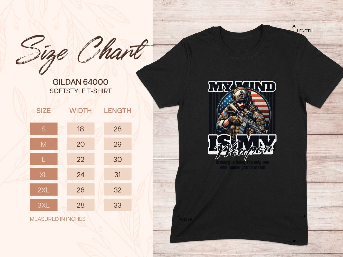 Black Gildan 64000 t-shirt with graphic and size chart.