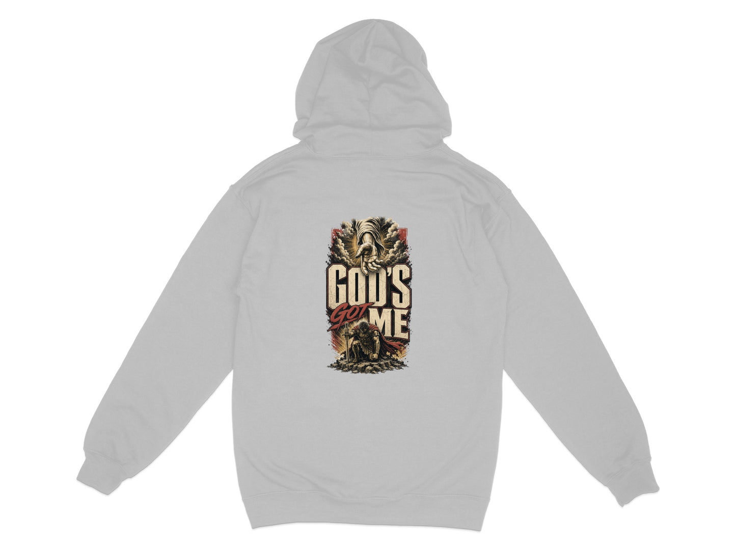 Gray hoodie with "God's Got Me" text and a warrior figure on the back.