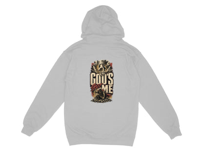 Gray hoodie with "God's Got Me" text and a warrior figure on the back.