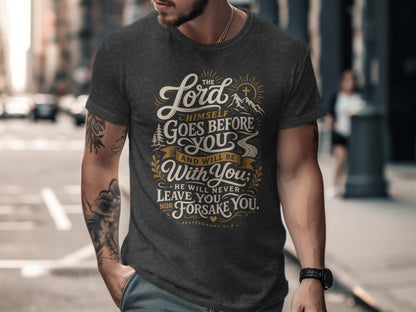 Dark grey t-shirt with "The Lord Himself Goes Before You" text and Deuteronomy 31:8.