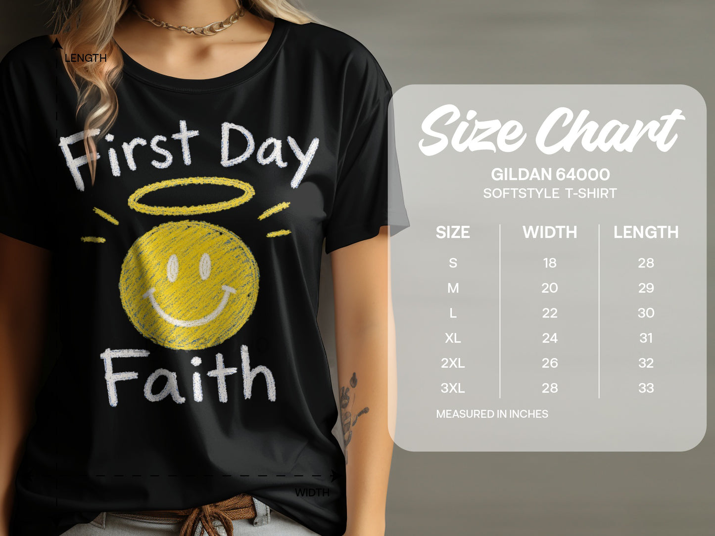 Black t-shirt with "First Day Faith" and smiley halo graphic, next to size chart.