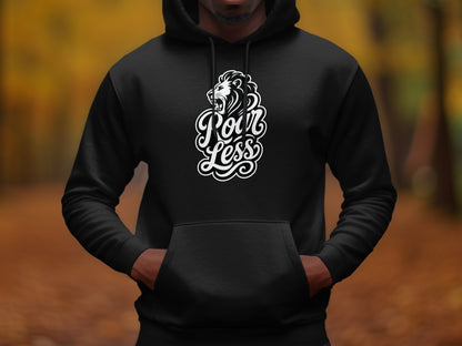 Black hoodie with a white lion graphic and text reading "Pour Less".