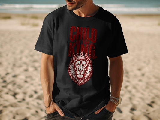 Black t-shirt with red distressed text "CHILD OF THE KING" above a lion wearing a crown.