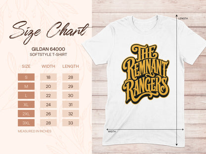 Gildan 64000 softstyle t-shirt size chart with width and length measurements.