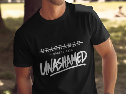 Black t-shirt with "Unashamed" crossed out and "Unashamed Romans 1:16" text.