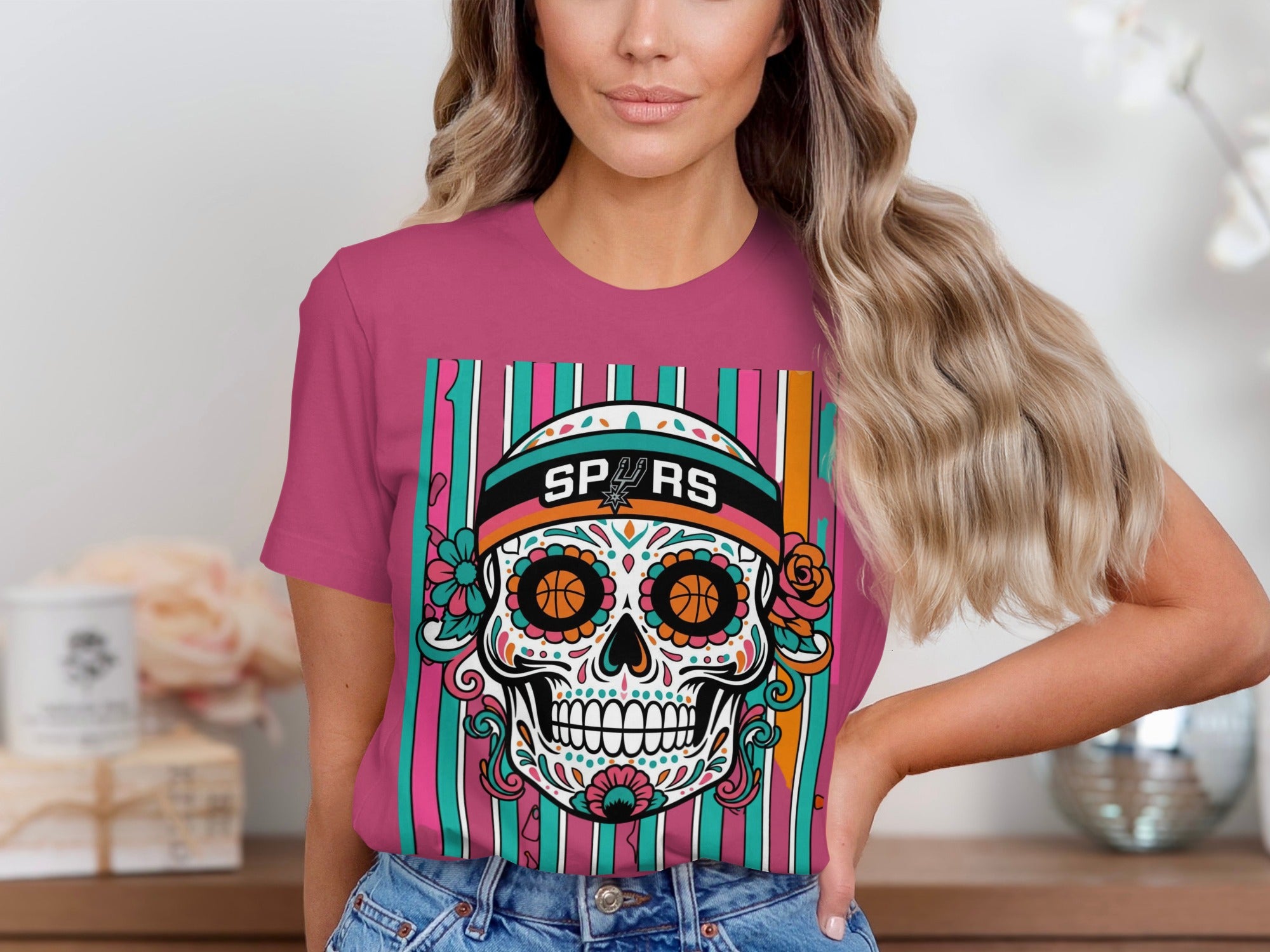 T-shirt featuring San Antonio Spurs sugar skull graphic with basketball eyes.