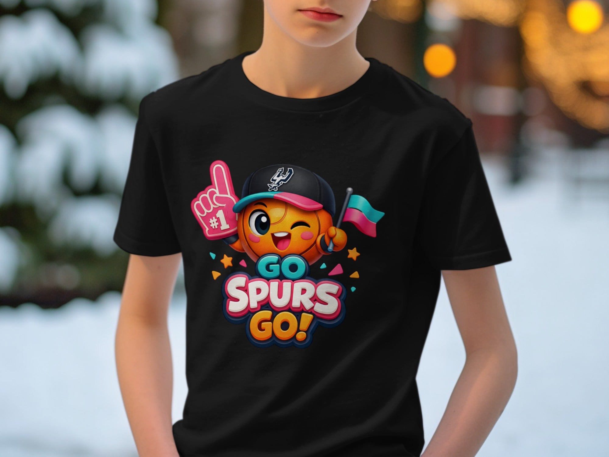 Black t-shirt with cartoon character and "GO SPURS GO!" text.
