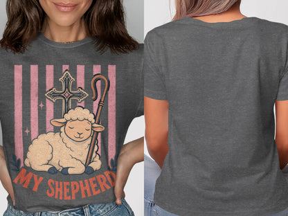 Gray t-shirt with Jesus Christ's cross, a shepherd's crook, and a sheep graphic.