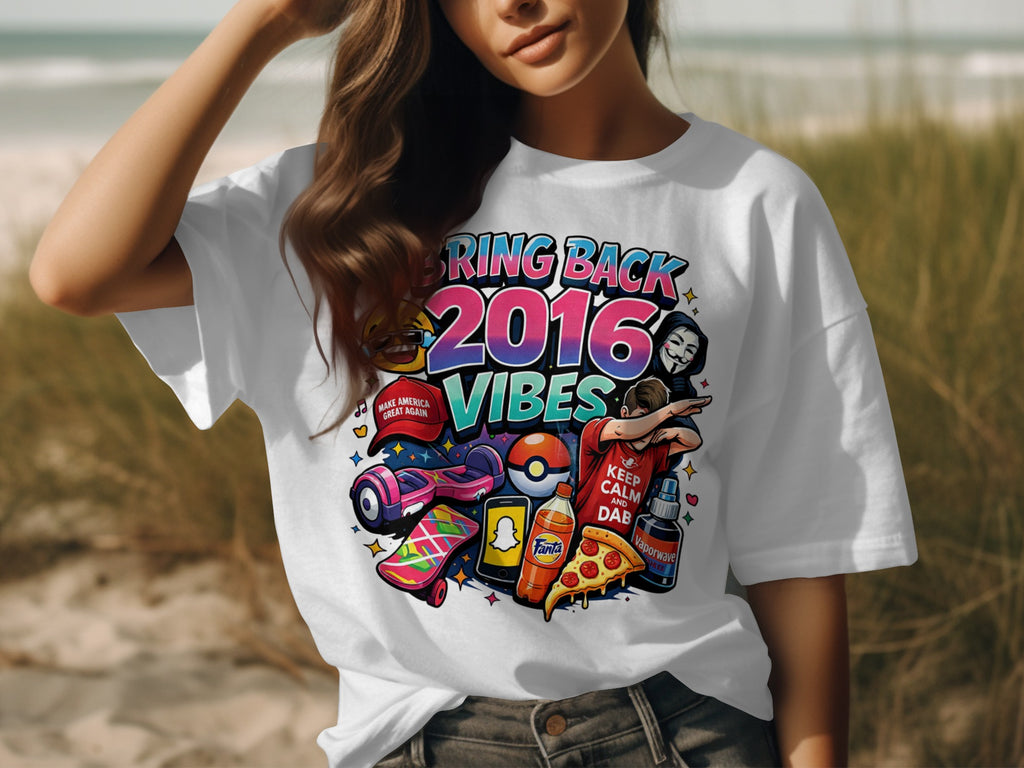 White t-shirt with "Bring Back 2016 Vibes" and 2016 pop culture icons.