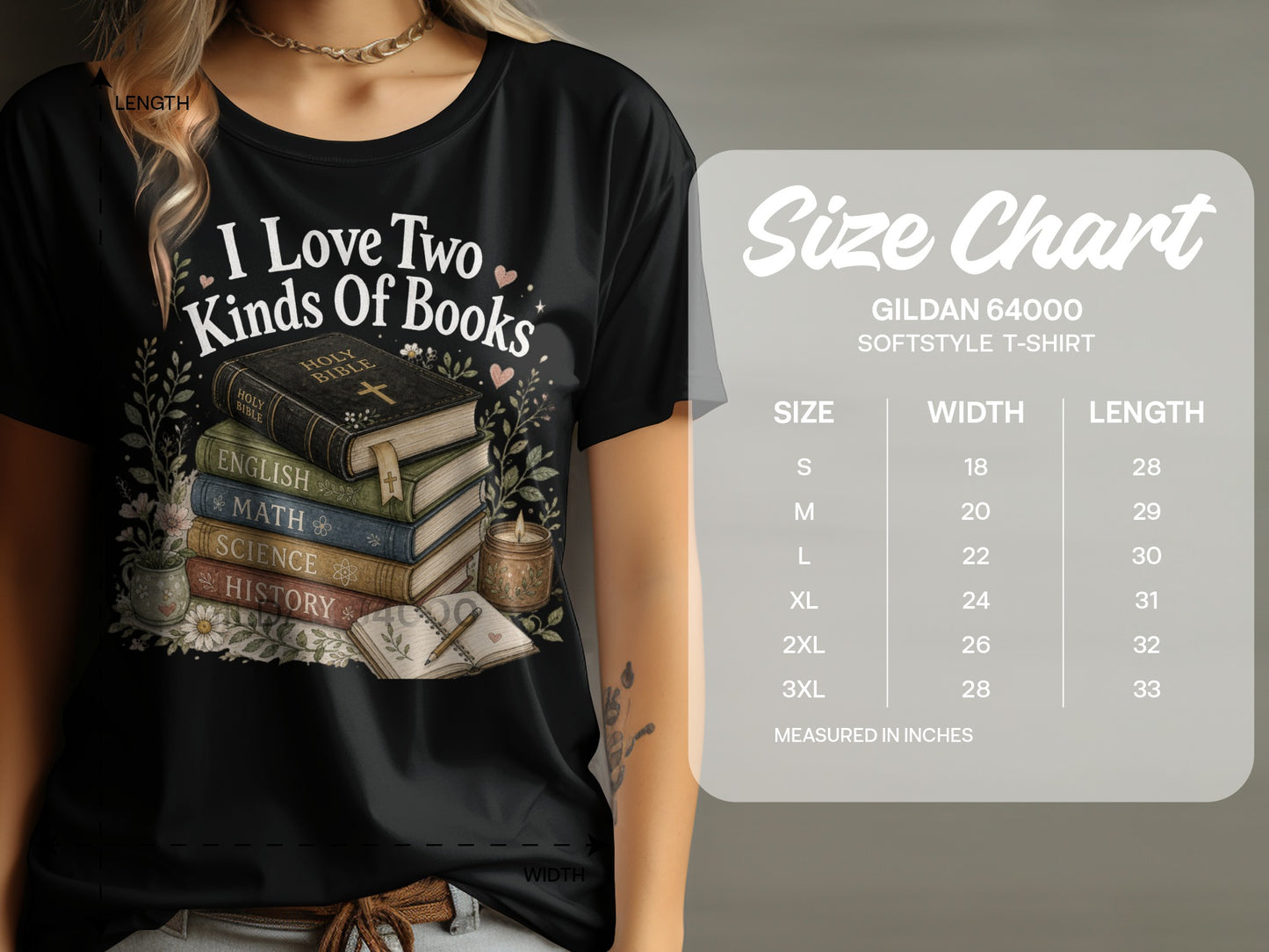 Black t-shirt with "I Love Two Kinds Of Books" text and stack of books graphic, next to size chart.