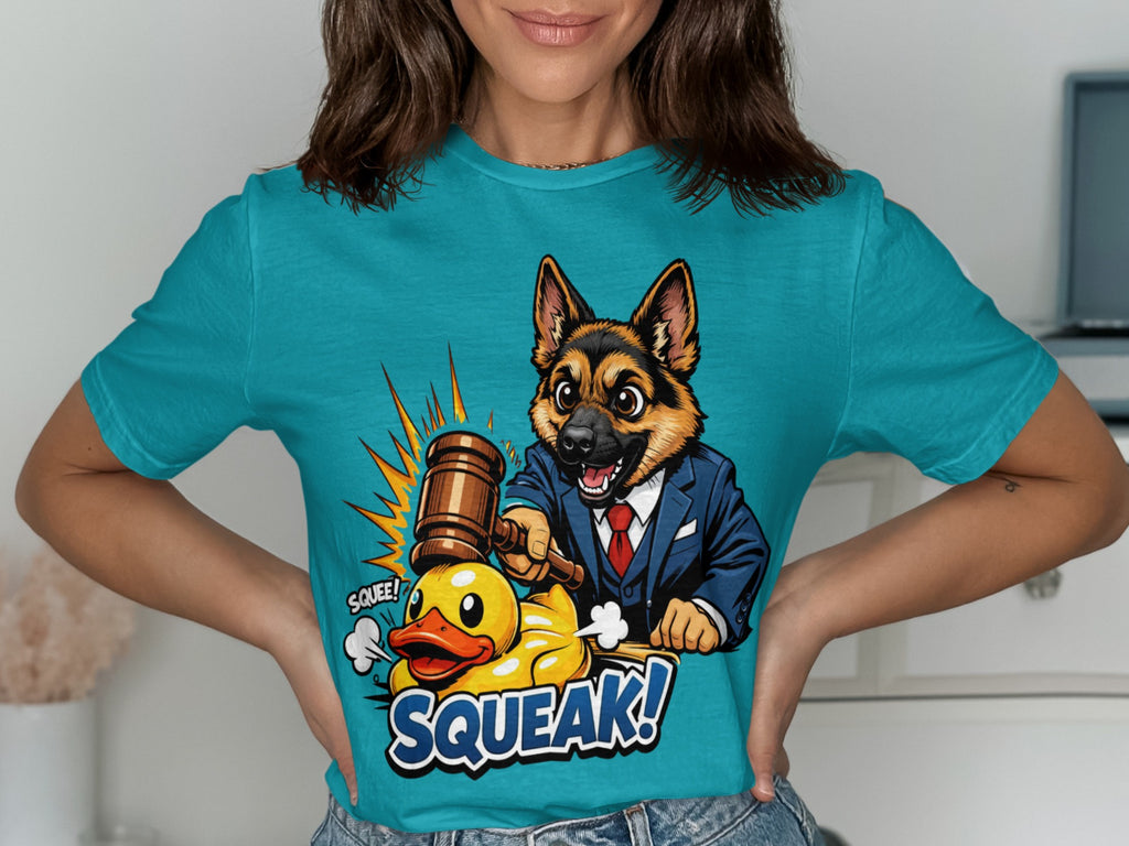 German shepherd in suit holding gavel over squeaking rubber duck with text.