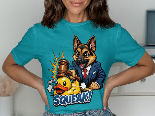 German shepherd in suit holding gavel over squeaking rubber duck with text.