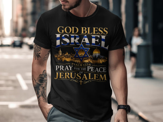 Black t-shirt with "God Bless Israel" and "Pray for the Peace of Jerusalem" text.