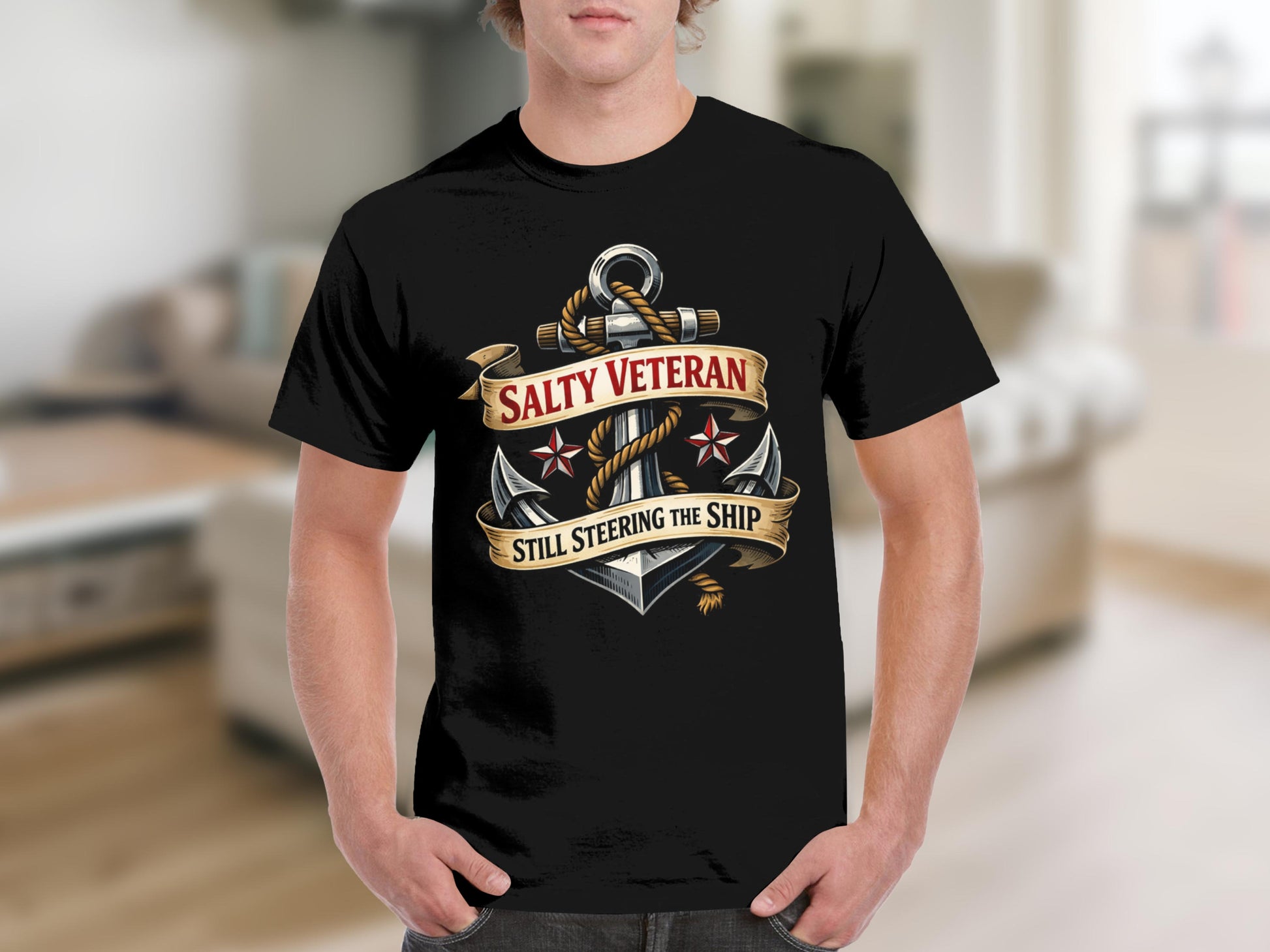 Black t-shirt with anchor graphic and text "SALTY VETERAN STILL STEERING THE SHIP".