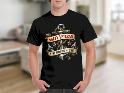 Black t-shirt with anchor graphic and text "SALTY VETERAN STILL STEERING THE SHIP".