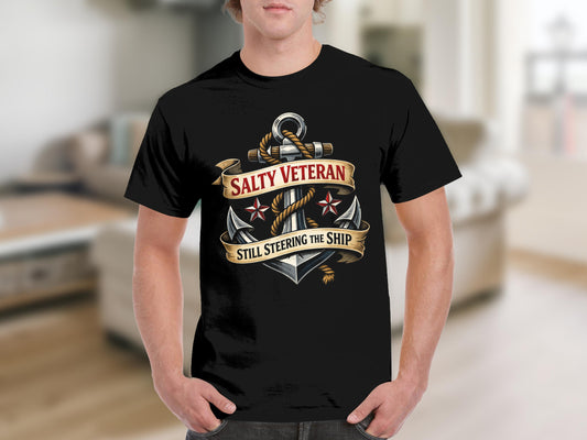 Black t-shirt with anchor graphic and text "SALTY VETERAN STILL STEERING THE SHIP".