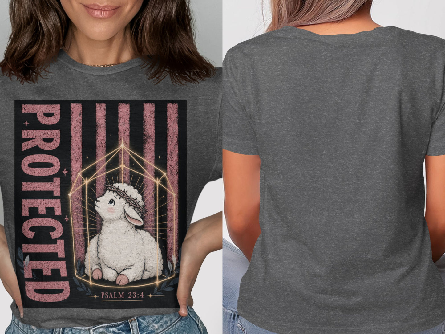 T-shirt graphic featuring a lamb wearing a crown of thorns and the word PROTECTED.