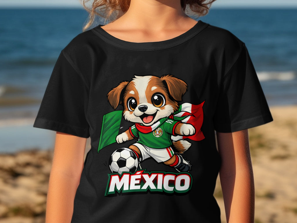 Cartoon dog in soccer uniform with Mexico flag and "México" text.