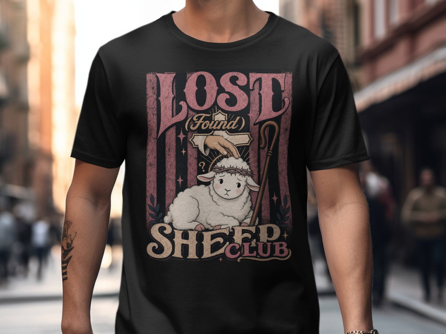Black t-shirt with "Lost (Found) Sheep Club" text and a graphic of a sheep.