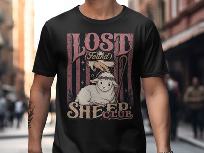Black t-shirt with "Lost (Found) Sheep Club" text and a graphic of a sheep.