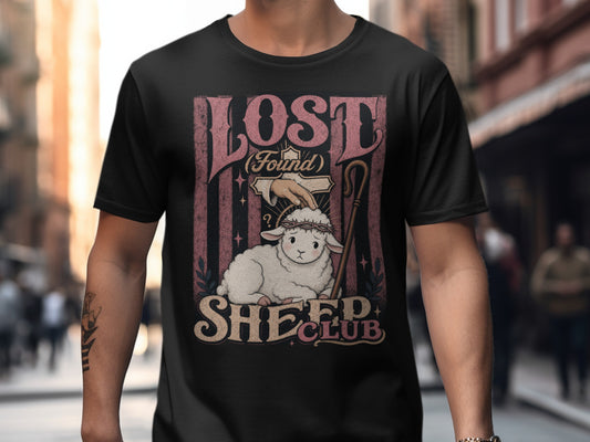 Black t-shirt with "Lost (Found) Sheep Club" text and a graphic of a sheep.