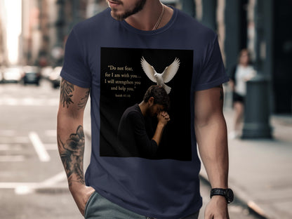 T-shirt graphic with praying man, dove, and Bible verse Isaiah 41:10.